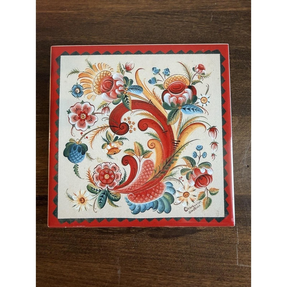 OS Rosemaling Gayle Oram Ceramic Trivet Wall Hanging Cork Backing